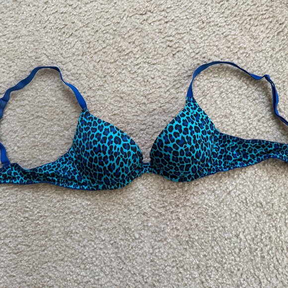 Victoria's Secret Blue Leopard Print PINK Where Everywhere Push-Up Bra - Picture 1 of 4